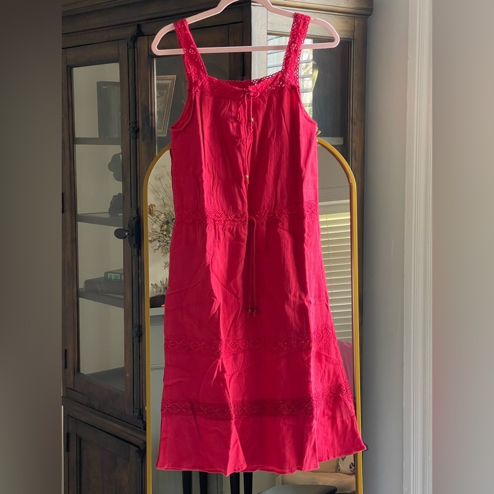 NWT 100% Cotton Chaudry Magenta Boho Midi Dress with Beaded Tassels Size Small